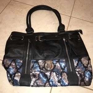 Large Black Leather Bag w/ Blue & Silver Sequins